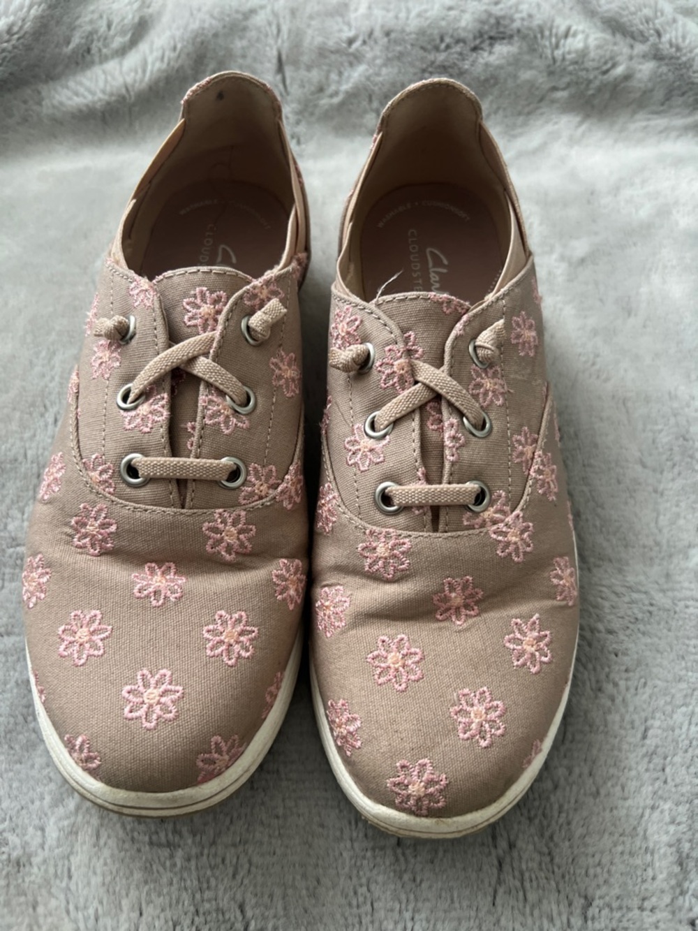 Clarks Womens Taupe Canvas Sneakers with Pink Floral Embroidery
